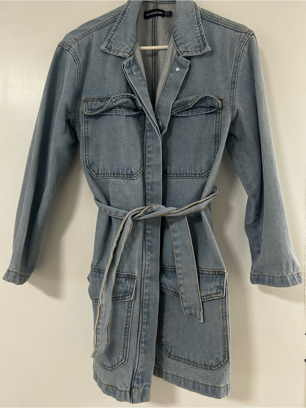 Light Wash Denim Button-Up Dress with Waist Tie